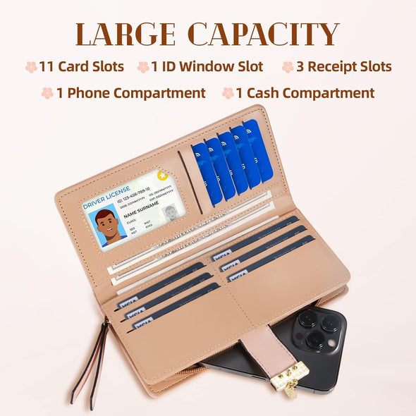 Women'S Long Leaf Bifold Wallet Leather Card Holder Purse Zipper Buckle Elegant Clutch Wallet Handbag for Women - Pink