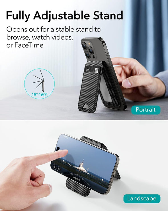 ESR for Magsafe Wallet, Phone Wallet with Adjustable Stand for Iphone 15/14/13/12, Not for Iphone 13/12 Mini, 3 Card Holder, Vegan Leather, Black Carbon Fiber
