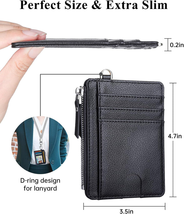 Teskyer Slim Wallet for Men Women, 8 Card Slots & 1 Zip Pocket, Small Credit Card Holder, RFID Travel Wallet with Gift Box - Lichee Black