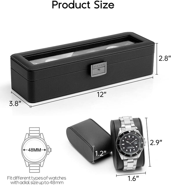 Vlando Watch Case for Men, 6-Slot Watch Box with Glass Lid, Lockable, Business Textured Leather, Soft Pillow, Gift for Fathers, Husband, Friend - Black