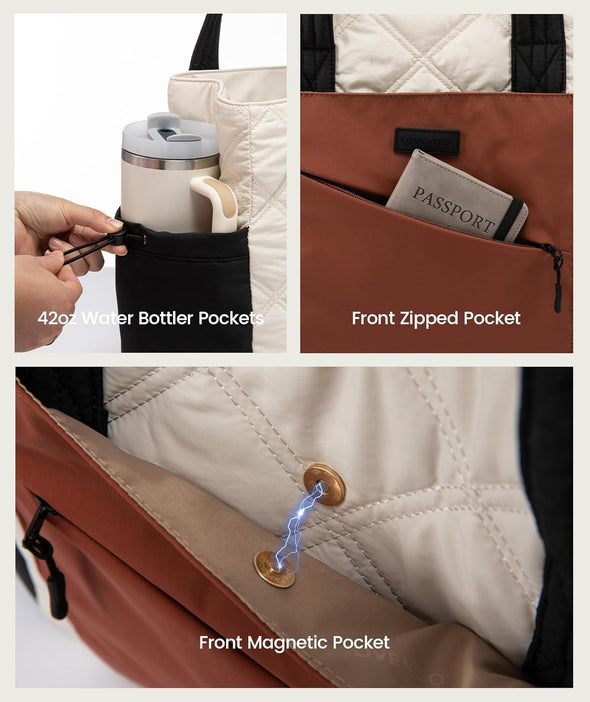 LOVEVOOK Tote Bag for Women, Puffer Bag and Work Bags with Zipper for Travel, Daily, School, Quilted Nurse Shoulder, 2Pcs