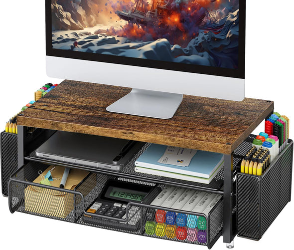 Gianotter Monitor Stand Riser, Desk Organizer with Drawer and Pen Holder, 2-Tier Computer Stand, Office Desk Accessories, Office Organization (Wood)