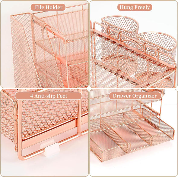 Gianotter Paper Letter Tray Organizer with File Holder, 4-Tier Desk Accessories & Workspace Desk Organizers with Drawer and 2 Pen Holder for Office Supplies (Rose Gold)