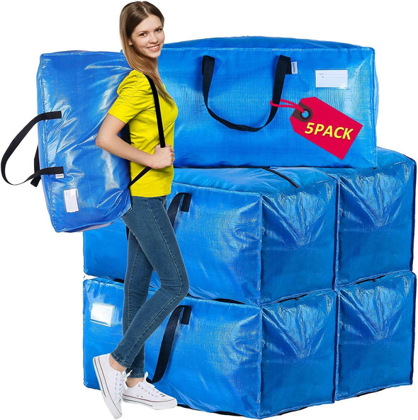 Alexhome Heavy Duty,Extra Large Packing Bags for Moving,Reusable Plastic Moving Totes,Clothes Storage Containers,Moving Supplies Bins,Compatible with Ikea Frakta Cart (Blue,Set of 5)