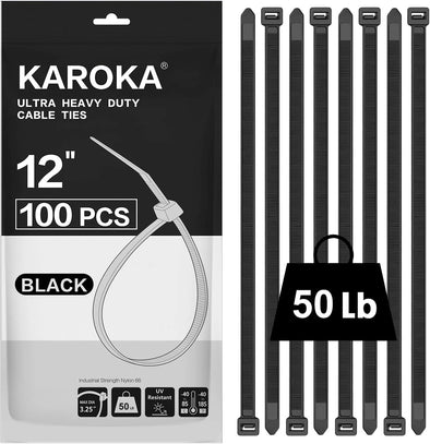 Zip Ties 12 Inch (100 Pack), Black, 50 Lb, UV Resistant Cable Ties for Indoor and Outdoor Use, by Karoka