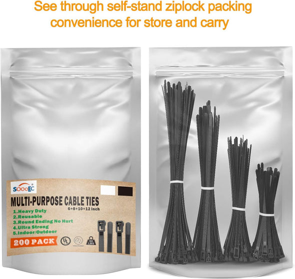 SOOOEC 200 Pack Reusable Zip Ties Assorted Sizes 6+8+10+12 Inch UV Resistant, Black Zip Ties Heavy Duty Outdoor Releasable round Ending No Hurt, Cable Ties Reusable Tie Wraps Indoor Non Slip Off