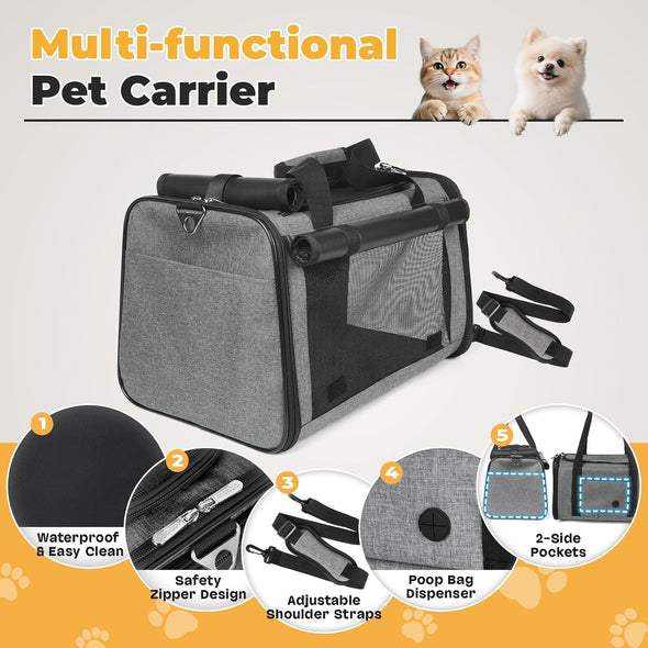 YUDODO 25 Lbs Lightproof Soft Sided Pet Carrier for Large Cat & Small Dog Airline Approved Travel Puppy Carrier with Side Pockets & Reflective Mesh, Foldable Portable for Outdoor Car Grey Green