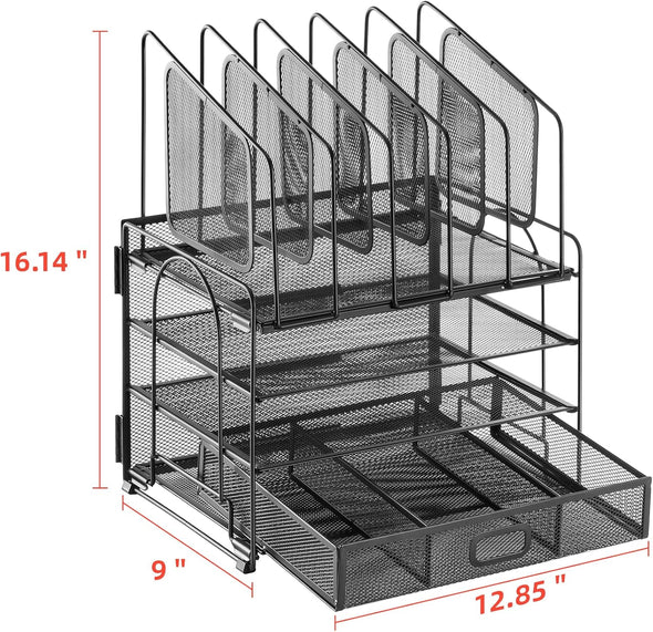 Marbrasse Desk Organizer with Drawer, 4-Tier Mesh File Organizer with 5 Vertical File Holders and 2 Pen Holders, Multifunction Desktop Organizer,Desk Organizers and Accessories for Home Office