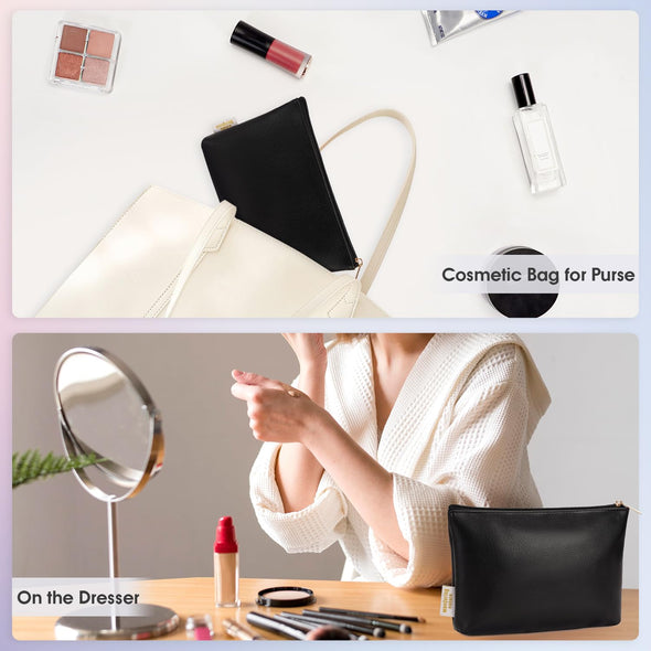 Wandering Nature Makeup Bag Small Cosmetic Bag for Purse 2 Pack Small Make up Pouch Vegan Leather Cute Travel Pouch with Zipper for Women, Black