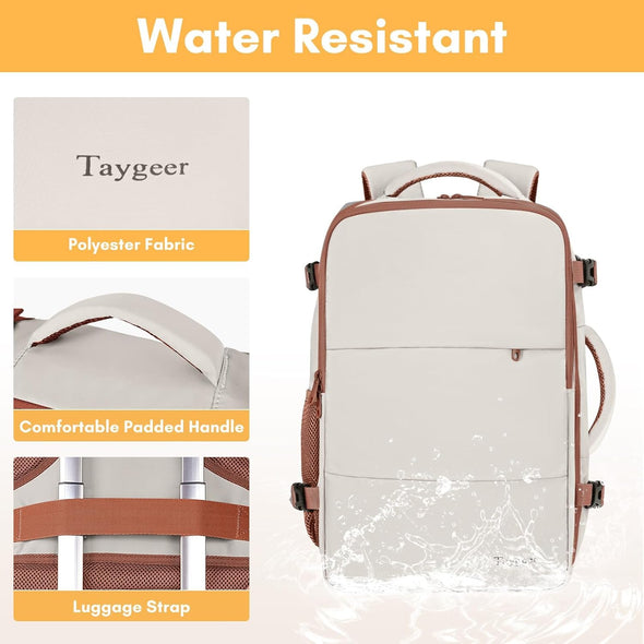 Taygeer Backpack for Women, College Backpack with Laptop Compartment & Shoe Pouch, 35L Travel Laptop Mochila Carry on Luggage, Airline Approved Personal Item Bag for Weekender Gym Hiking, Khaki White