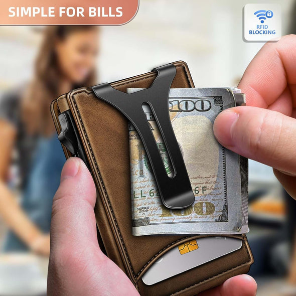 BULLIANT Men Wallet,Money Clip Wallet Slim for Gift Men 9Cards-Metal Credit Card Case in Magnetic Leather Flip