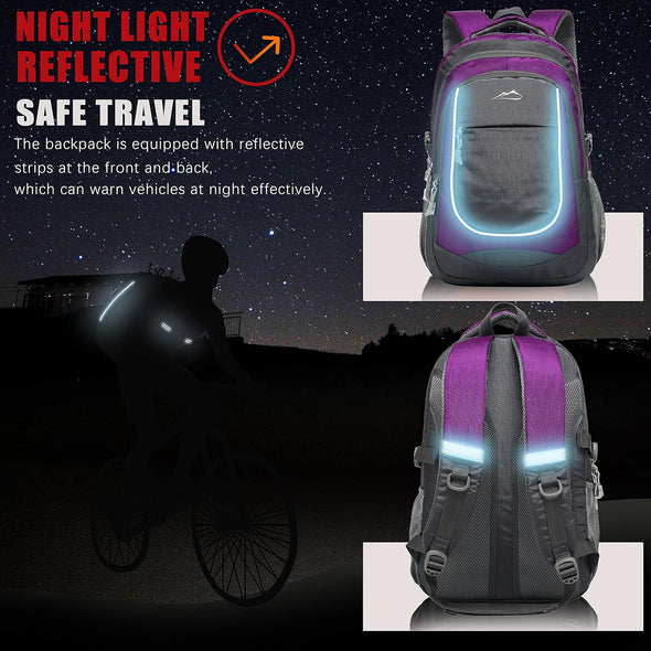 Proetrade Backpack Bookbag for College Sturdy Travel Business Hiking Fit Laptop up to 15.6 Inch Multi Compartment Gifts for Men Women Night Light Reflective (Purple A)