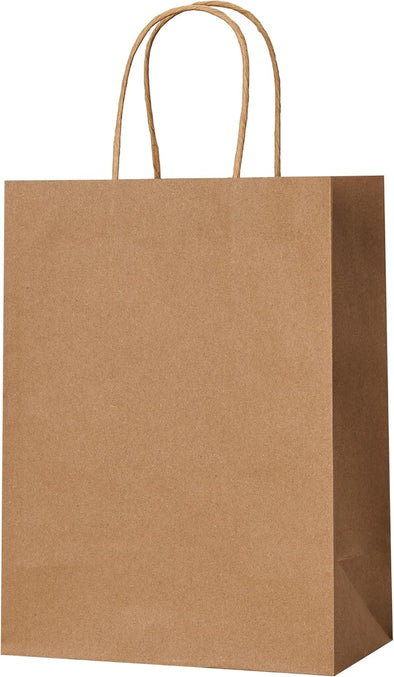 METAPRINT 100 Pack 8X4.5X10.8 Inch Medium Paper Gift Bags with Handles Bulk, Brown Kraft Paper Bags for Grocery Shopping Retail, Birthday, Party Favors, Wedding