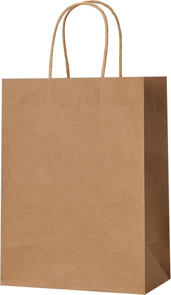 METAPRINT 100 Pack 8X4.5X10.8 Inch Medium Paper Gift Bags with Handles Bulk, Brown Kraft Paper Bags for Grocery Shopping Retail, Birthday, Party Favors, Wedding