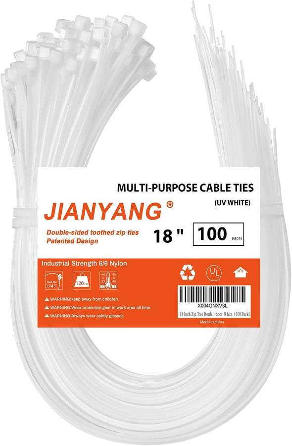 18 Inch Zip Ties Double Sided Toothed,120 LBS Tensile Strength Heavy Duty Cable Wire Ties with Self-Locking Adjustable More Durable Nylon Tie Wraps for Indoor Outdoor White（100 Pack）