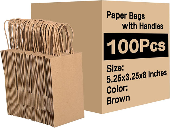 Brothersbox Small Brown Paper Bags with Handles 100PCS, 5.25 * 3.25 * 8 Inch Kraft Gift Bags Bulk for Craft Shopping Business Party Favor Retail Birthday Grocery