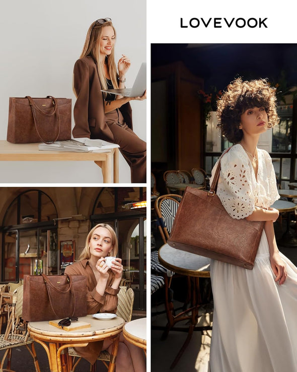 LOVEVOOK Laptop Bag for Women,15.6 Inch Laptop Tote Bag for Women,Vintage Leather Work Tote Bags Computer Business Teacher Bag,Waterproof Office Briefcase