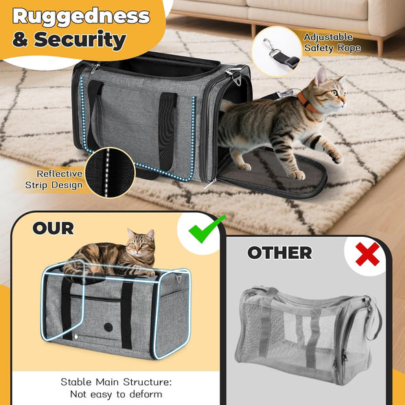 YUDODO 25 Lbs Lightproof Soft Sided Pet Carrier for Large Cat & Small Dog Airline Approved Travel Puppy Carrier with Side Pockets & Reflective Mesh, Foldable Portable for Outdoor Car Grey Green