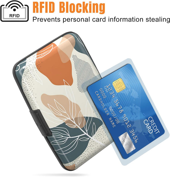 Aluminuml Credit Card Holder, Mini Credit Card Wallet RFID Blocking Slim Metal Hard Case for Women Men, White Leaves