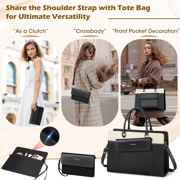 RAINSMORE Laptop Bag for Women 15.6 Inch Leather Laptop Tote Bag Large Computer Bags Waterproof Business Office Work Bags Briefcase with Satchel Purse 2Pcs Set, Black