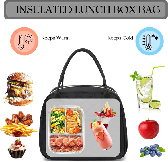 CAMTOP Lunch Box for Women Insulated Lunch Bag Lunchbox Cooler Thermal Leakproof Quilted Reusable Lunch Tote Bag for Work School Travel Picnic (Black)