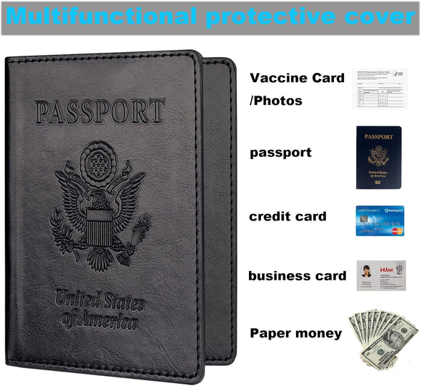 Herain Black & Dark Blue Passport Holder for Travel, Passport Cover Wallet Case 2 Pack Women Men Family Cruise Ship Essentials, Passport Book Holders Travel Vacation Must Haves