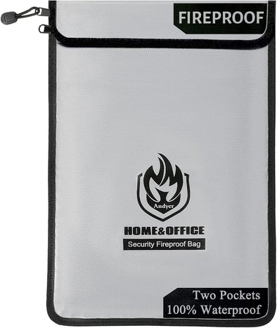 Upgraded Two Pockets Fireproof Document Bag (2000℉), Andyer 15”X 11”Waterproof Fireproof Money Bag for Cash with Zipper, Important Document Storage Organizer for Valuables, Legal Documents Safe
