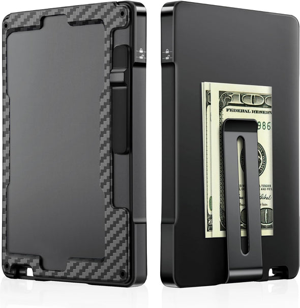 Umoven Minimalist Wallet for Men, Slim Aluminum Metal Money Clip Card Holder, Pop-Up Card Case, RFID Blocking Mens Wallet with ID Window, Front Pocket Wallet for Men(Carbon Fibre)