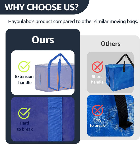 Moving Bags Heavy Duty Extra Large, Alternative for Moving Boxes & Moving Supplies, Storage Bag with Handles, Lid&Zippers, Packing Bags for Clothes, Camping & College Moving Essentials(Blue, 6 Pack)