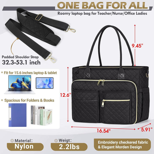 RAINSMORE Teacher Tote Bag 15.6 Inch Laptop Bag for Women Work Bags Laptop Tote Nurse Bag Professional Computer Messenger with Insulated Pocket, Laptop Briefcase for Office, College, Nursing, Black