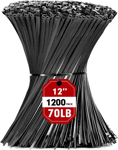 Zip Ties, RAZCC 1200Pcs Black Cable Zip Ties 12 Inch, Heavy Duty Plastic Wire Ties with 70Lb Tensile Strength, Self-Locking Black Nylon Tie Wraps for Indoor and Outdoor