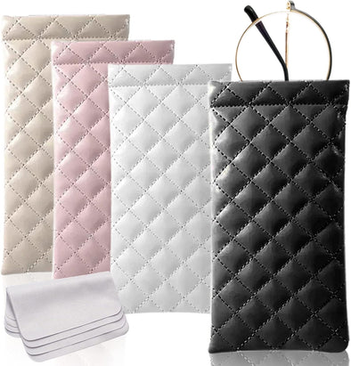 4 Pcs Squeeze Top Sunglass Case with Cleaning Cloth, Soft Leather Eyeglass Case Portable Sunglasses Pouch