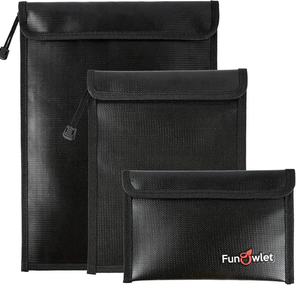 Fireproof Waterproof Money Document Bag - 3 Pack Safe Upgraded Zipper Bags, Fire & Water Resistant Storage Organizer Pouch for A4 A5 Documents Holder,File,Cash,Jewelry,Passport,Tablet,Laptop (Black)