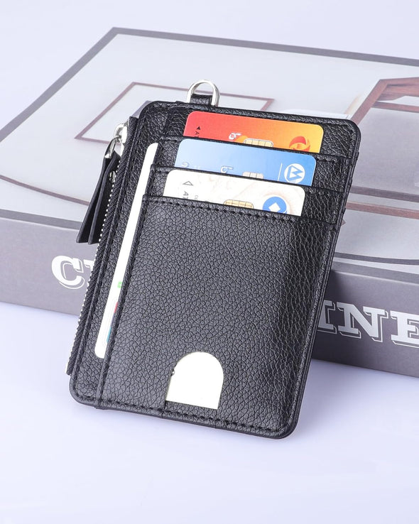 Teskyer Slim Wallet for Men Women, 8 Card Slots & 1 Zip Pocket, Small Credit Card Holder, RFID Travel Wallet with Gift Box - Lichee Black
