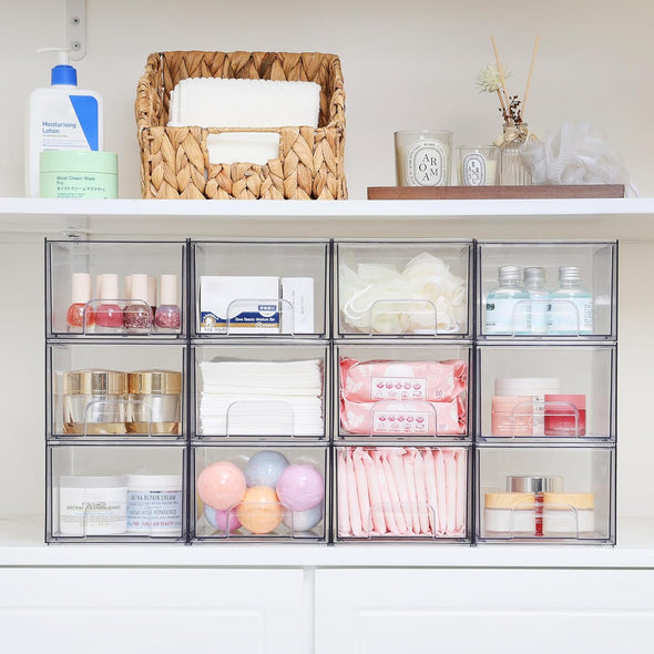 Vtopmart 4 Pack Clear Stackable Storage Drawers, 4.4'' Tall Acrylic Bathroom Makeup Organizer,Plastic Storage Bins for Vanity, Undersink, Kitchen Cabinets, Pantry, Home Organization
