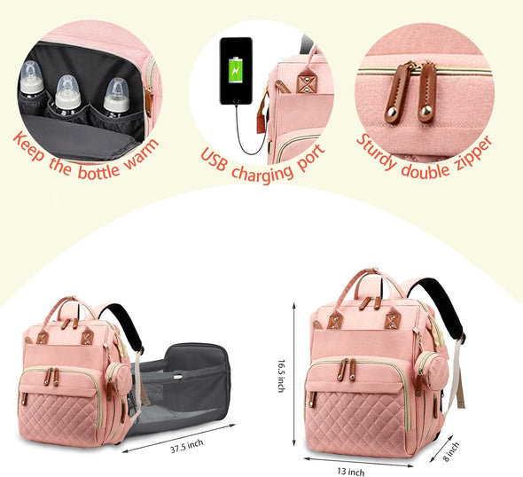 Diaper Bag with Changing Station, Waterproof 3 in 1 Baby Diaper Backpack with Foldable Changing Pad, Large Travel Back Pack for Baby Girl Boy, Peach Pink