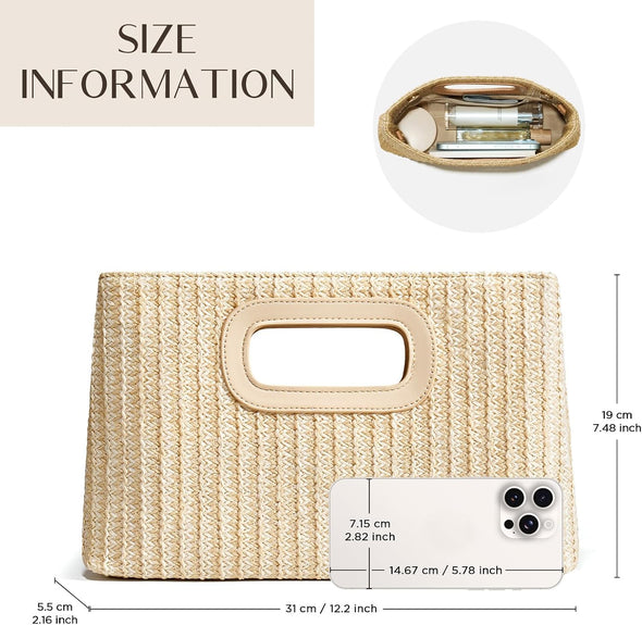Chic Straw Clutch Purses for Women with Top Handle Summer Bag, Ideal Vacation Handbags and Woven Boho Beach Bags
