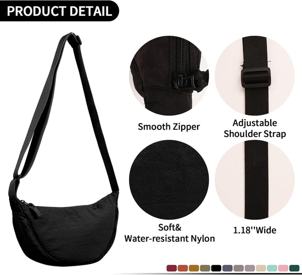 Small Nylon Crescent Crossbody Purses Bag for Women Men Trendy,Travel Sling Bag