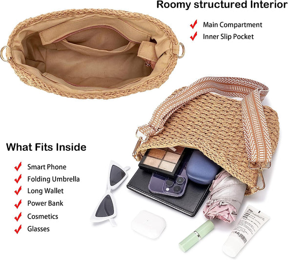 Herald Small Handmade Straw Pocketbook Crossbody Bag for Women, Summer Chic Woven Handbag Shoulder Purse with Chain