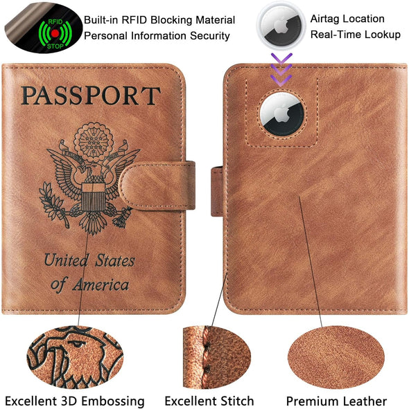 Airtag Passport Holder Cover Wallet Travel Essentials Leather Travel Wallet Rfid Blocking Case Vacation Travel Must Haves Travel Accessories for Men Women (117#Brown)