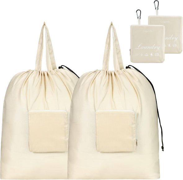 GOGOODA Travel Laundry Bags with Drawstring Closure XL Large Foldable Dirty Clothes Bags with Handle Heavy Duty and Washable for College Dorm Travelling Camping, 2 Pack, Beige