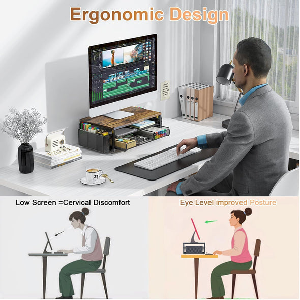 Gianotter Monitor Stand Riser, Desk Organizer with Drawer and Pen Holder, 2-Tier Computer Stand, Office Desk Accessories, Office Organization (Wood)