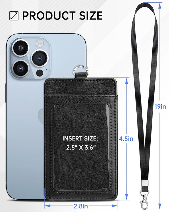 Teskyer Badge Holder, Leather ID Card Holder with Lanyard for ID Badges, Vertical Style, Black