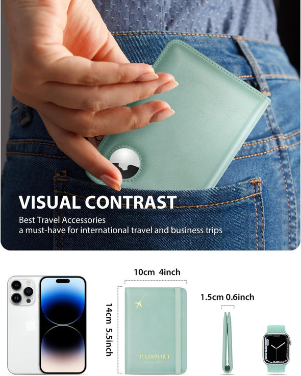 Stouchi Airtag Passport Holder, Cute Passport Holder with Airtag Slot, RFID Passport Wallet Cover for Women, Family Leather Passport Protector Case, Anti-Lost Travel Essentials, Sky Blue