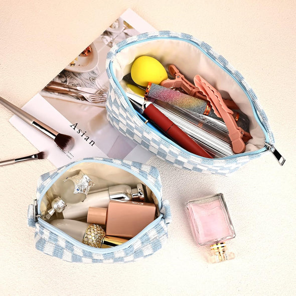 2 Pieces Makeup Bag Large Checkered Cosmetic Bag Capacity Canvas Mix Travel Toiletry Bag Organizer Cute Makeup Brushes Aesthetic Accessories Storage Bag for Women, Checkered Mix Blue
