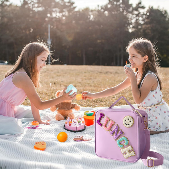 Insulated Lunch Bag with Adjustable Shoulder Strap, Nylon Preppy Lunch Box Large Insulated Lunch Bag Reusable Lunch Tote Bag with Smiley Preppy Lunchbag for Girls School Travel Picnic (Purple)