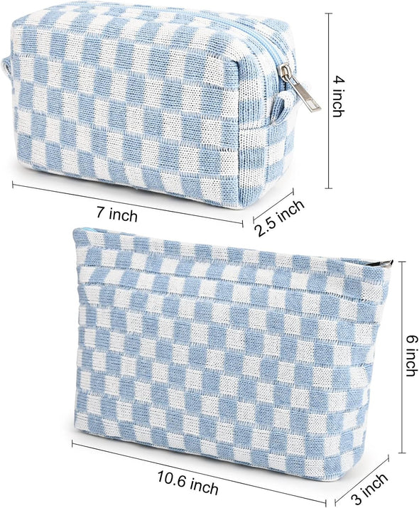2 Pieces Makeup Bag Large Checkered Cosmetic Bag Capacity Canvas Mix Travel Toiletry Bag Organizer Cute Makeup Brushes Aesthetic Accessories Storage Bag for Women, Checkered Mix Blue