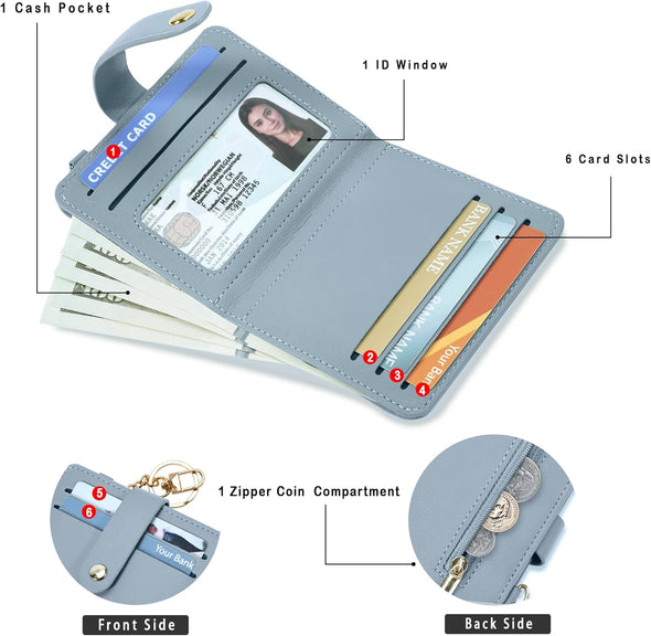 Small Wallets Woman RFID Blocking Leather Credit Card Holder - with ID Window - Card Wallets for Women - with Zipper Coin Purse - Keychain Wallet