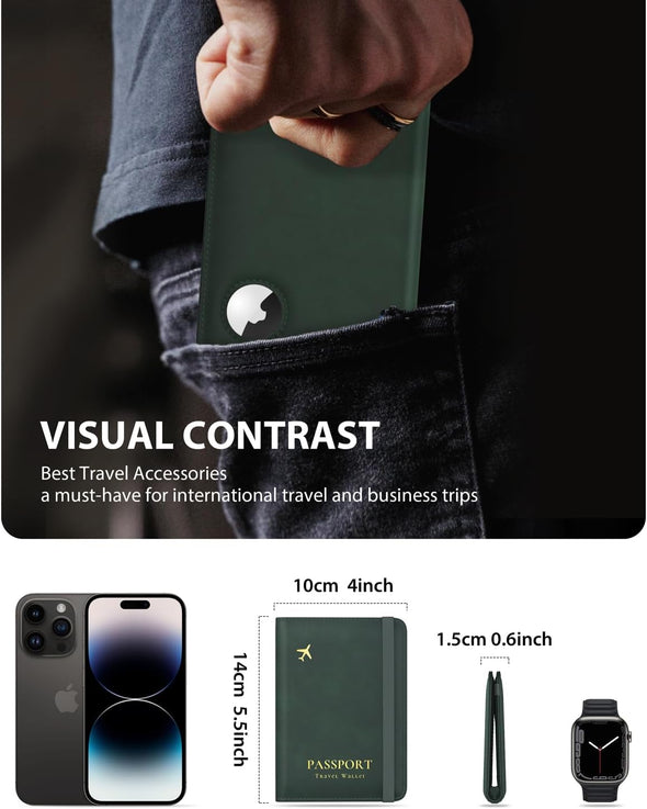 Passport Holder with Airtag Slot, Airtag Passport Wallet for Men, Slim Leather Passport Holder Case Family for Travel Anti-Lost, Green