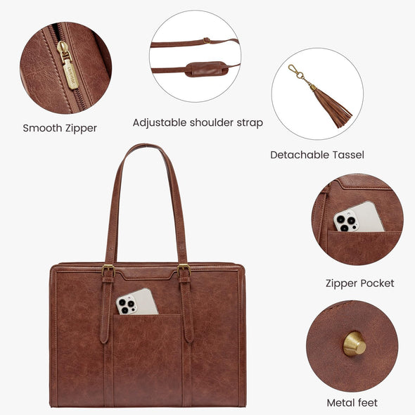 LOVEVOOK Laptop Bag for Women Vintage Leather Laptop Tote 15.6 Inch Large Capacity Computer Bag with Clutch Purse for Work